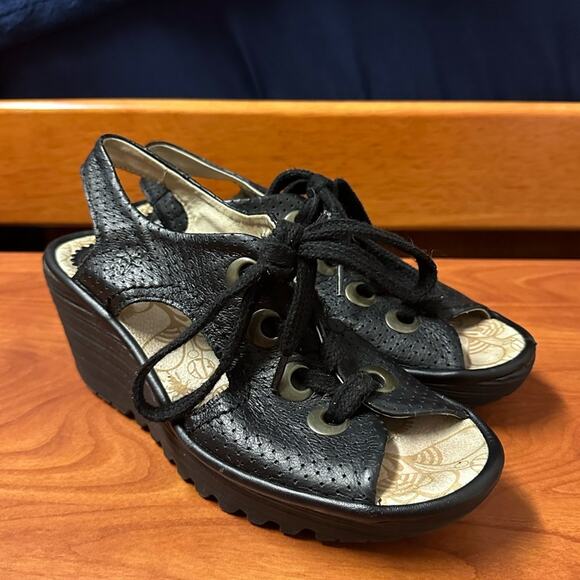 Fly London Ylva Lace Up Wedge Sandals Womens 38 7-7.5 Black Summer Open Toe - Picture 1 of 13